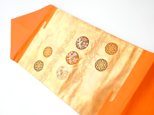 リサイクル　丸に花喰鳥・花模様織出し名古屋帯